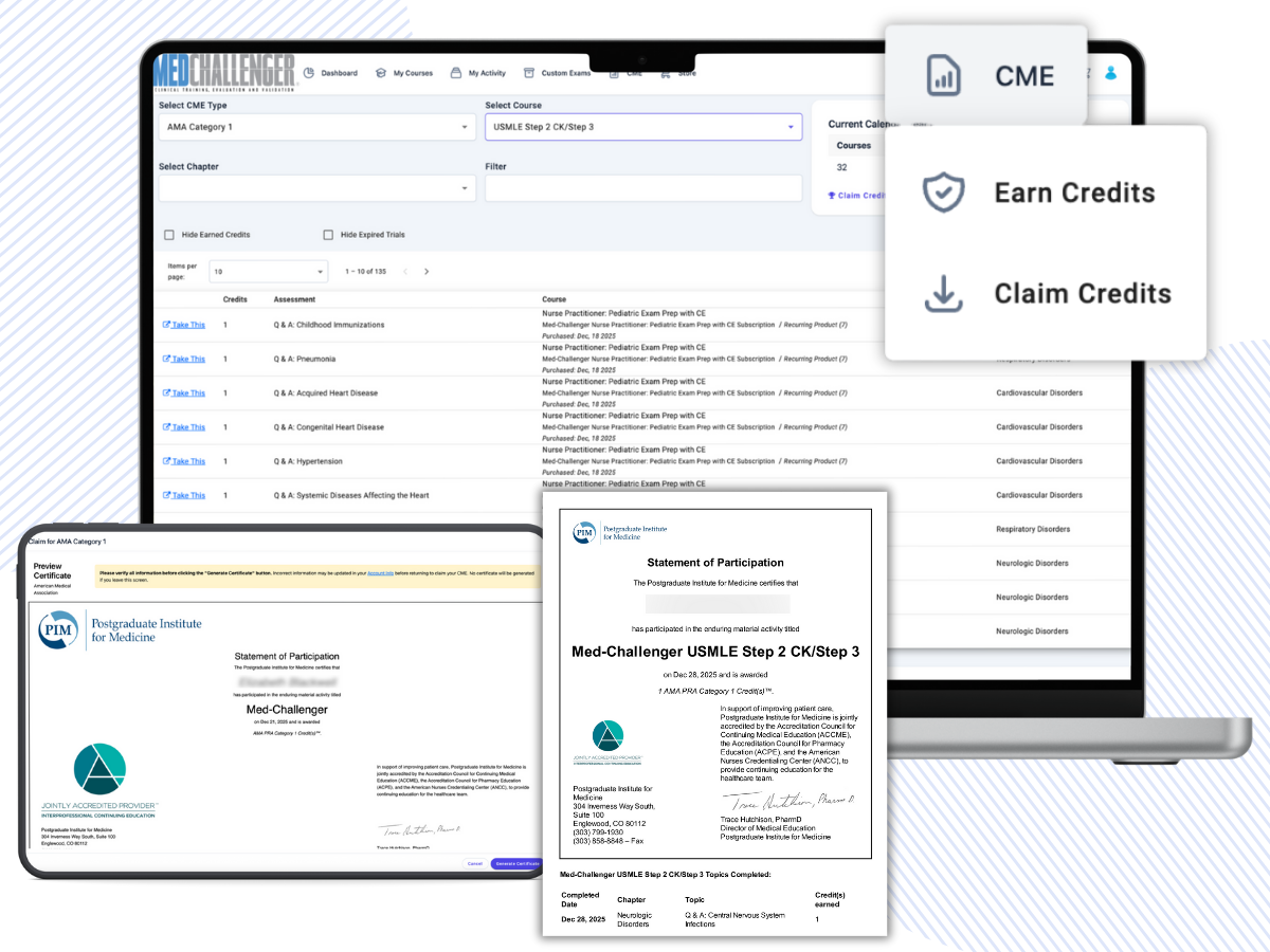 USMLE exam review with CME, United States Medical Licensure exam prep, clerkship, shelf exams - Earn CME credit, AMA PRA Category 1 credit